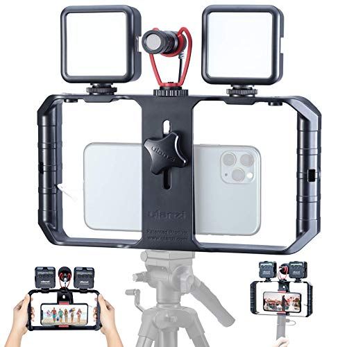  Unknown Smartphone Video Rig with Shortgun Microphone + 2 Led Video Light, Handheld Stabilizer Filmmaking Case w 3 Cold Shoe Vlog Videographing Accessory for iPhone 11 Pro Max Xs 8 Plus Hu