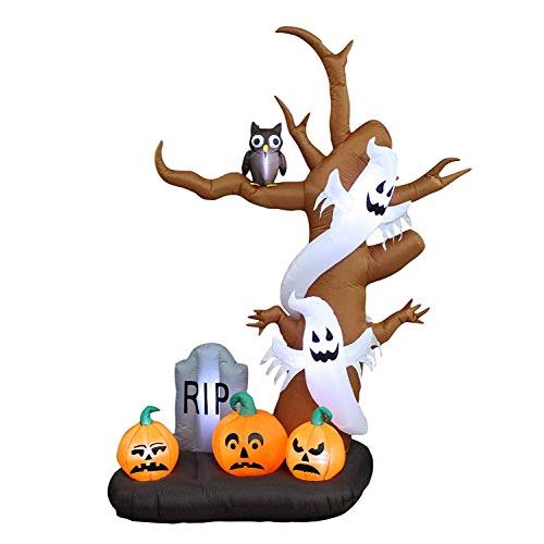  할로윈 용품Unknown 9 Foot Tall Halloween Inflatable Tree with Ghosts, Pumpkins, Owl and Tombstone LED Lights Decor Outdoor Indoor Holiday Decorations, Blow up Lighted Yard Decor, Lawn Inflatables Hom