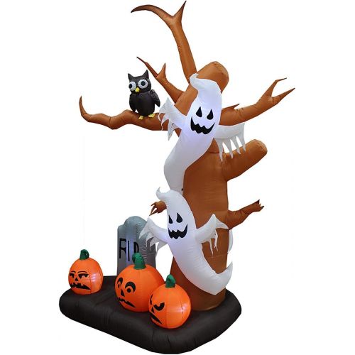  할로윈 용품Unknown 9 Foot Tall Halloween Inflatable Tree with Ghosts, Pumpkins, Owl and Tombstone LED Lights Decor Outdoor Indoor Holiday Decorations, Blow up Lighted Yard Decor, Lawn Inflatables Hom