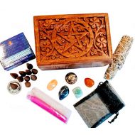 인센스스틱 QUALITY HEALING CRYSTALS AND SMUDGE KIT FOR MENTAL HEALTH. 10 Pieces in a carved box (may vary)with polished stones, smudge stick, incense and candles for cleansing, purification a