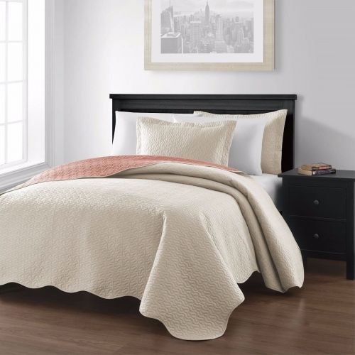  Unknown Collection Mesa 3-piece Over sized Reversible Coverlet Bedspread Ivory-SalmonKing Size