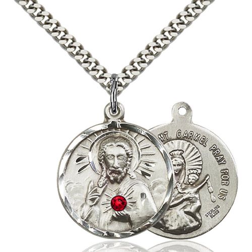  Unknown Sterling Silver Scapular Pendant with 3mm July Red Swarovski Crystal 78 x 34 inches with Heavy Curb Chain