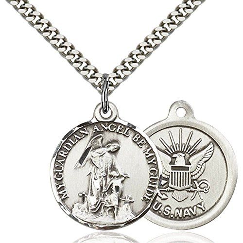  Unknown Sterling Silver Mens GUARDAIN ANGEL  NAVY Pendant - Includes 24 Inch Heavy Curb Chain - Deluxe Gift Box Included