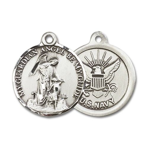  Unknown Sterling Silver Mens GUARDAIN ANGEL  NAVY Pendant - Includes 24 Inch Heavy Curb Chain - Deluxe Gift Box Included