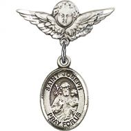Unknown Sterling Silver Baby Badge with St. Joseph Charm and Angel wWings Badge Pin 78 X 34 inches