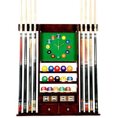  Unknown Cue Rack Only - 8 Pool - Billiard Stick & Ball Wall Rack W Clock Mahogany Finish