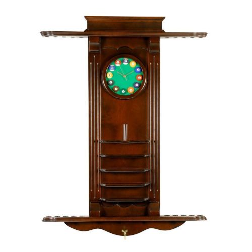  Unknown Cue Rack Only- 10 Pool - Billiard Stick & Balll Wall Stand W Clock Mahog Finish