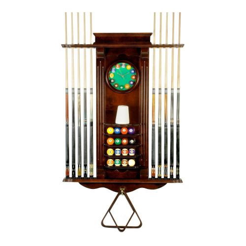  Unknown Cue Rack Only- 10 Pool - Billiard Stick & Balll Wall Stand W Clock Mahog Finish