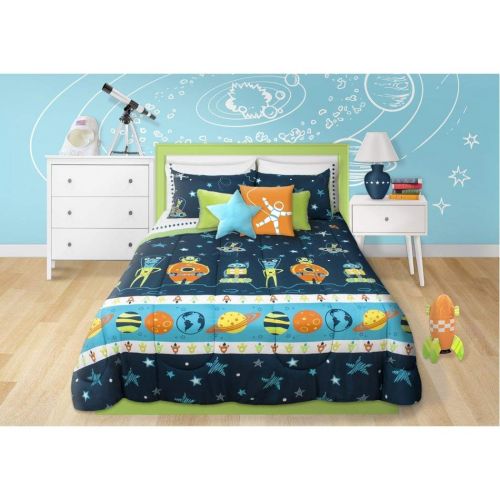  Unknown 3 Piece Boys Blue Multi Outer Space Themed Comforter Full Queen Set, Beautiful Planets Stripe, Rocket Ships, Spacesuits, Robots, Stars, Polka Dots Print, Fun Imaginative Adventure