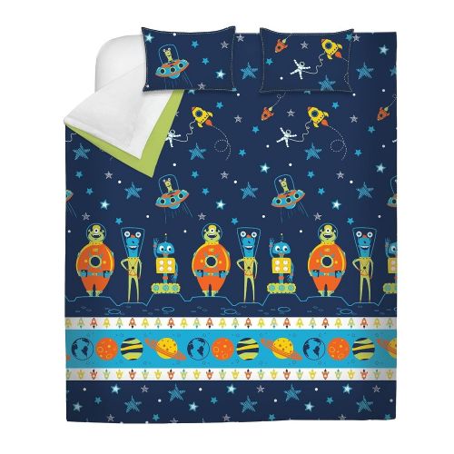  Unknown 3 Piece Boys Blue Multi Outer Space Themed Comforter Full Queen Set, Beautiful Planets Stripe, Rocket Ships, Spacesuits, Robots, Stars, Polka Dots Print, Fun Imaginative Adventure