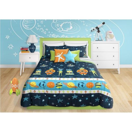  Unknown 3 Piece Boys Blue Multi Outer Space Themed Comforter Full Queen Set, Beautiful Planets Stripe, Rocket Ships, Spacesuits, Robots, Stars, Polka Dots Print, Fun Imaginative Adventure