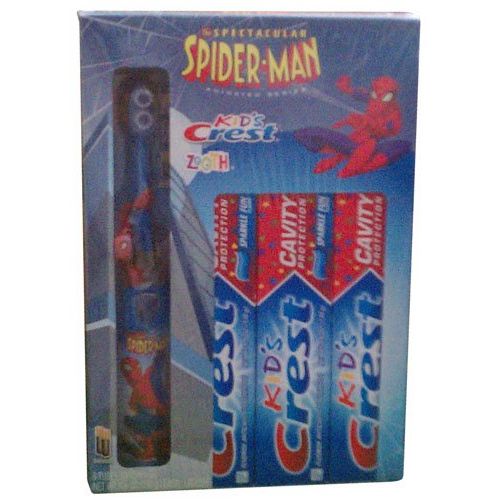  Unknown Kids Crest Spiderman Spinbrush & 3 Tubes of Kids Crest Toothpaste