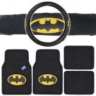 Unknown Batman Auto Accessories Interior Kit - Front & Rear Carpet Floor Mats, Steering Wheel Cover