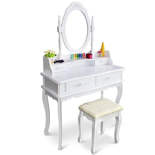  Unknown White Vanity Makeup Dressing Table Set w/Stool 4 Drawer&Mirror Jewelry Wood Desk