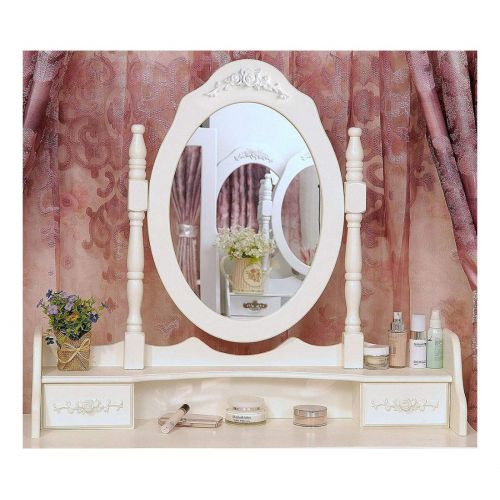  Unknown White Vanity Makeup Dressing Table Set w/Stool 4 Drawer&Mirror Jewelry Wood Desk