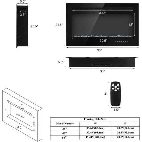  Unknown 36 Electric Fireplace Heater Recessed Wall Mounted 750w/1500w Black Modern Contemporary Metal Glossy Finish Remote Control