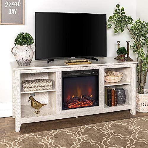  Unknown 58 Fireplace Tv Stand Console - White Wash Casual Transitional Glass MDF Wood Finish Adjustable Shelves Cable Management Media Storage