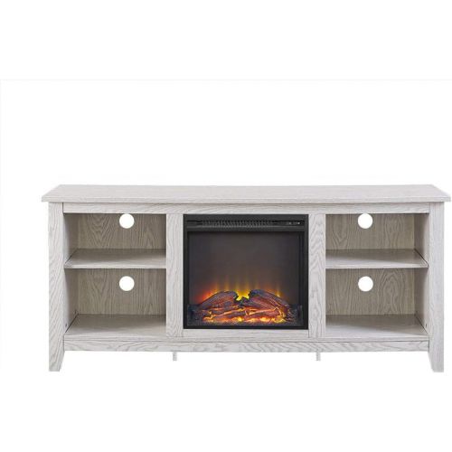  Unknown 58 Fireplace Tv Stand Console - White Wash Casual Transitional Glass MDF Wood Finish Adjustable Shelves Cable Management Media Storage