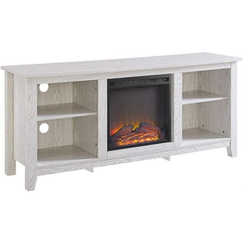  Unknown 58 Fireplace Tv Stand Console - White Wash Casual Transitional Glass MDF Wood Finish Adjustable Shelves Cable Management Media Storage