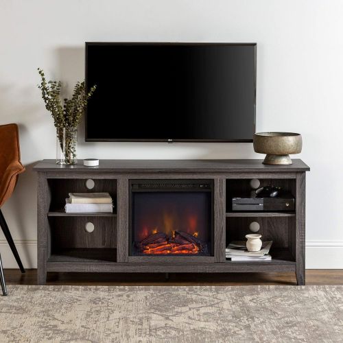  Unknown 58 Fireplace Tv Stand Console - Charcoal Grey Casual Transitional Glass MDF Wood Finish Cable Management