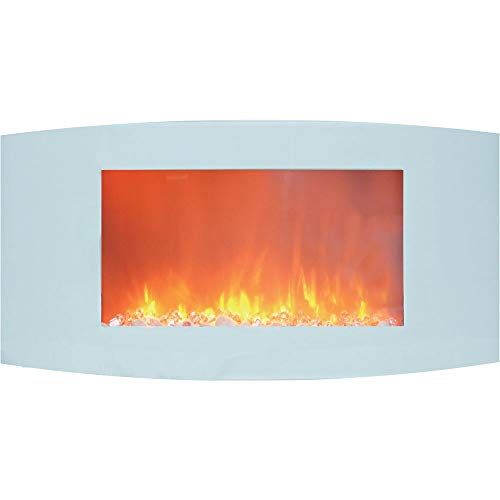  Unknown 35 in. Wall-Mount Electric Fireplace with White Curved Panel and Crystal Rocks Modern Contemporary Glass Programmable