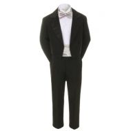 Unotux 7pcs Boy Black Suit Tuxedo w Tail Satin Silver Bow Tie Cummerbund (S-20)