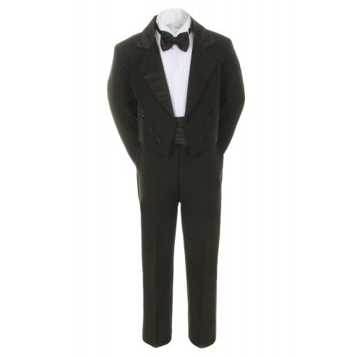  Unotux 7pcs Boy Black Suit Tuxedo w Tail Satin Silver Bow Tie Cummerbund (S-20)