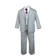 Unotux 6pc Boys Gray Vest Set Tuxedo Suits with Satin Eggplant Necktie Baby Teen