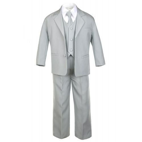  Unotux 6pc Boys Gray Vest Set Tuxedo Suits with Satin Eggplant Necktie Baby Teen