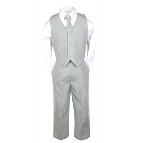  Unotux 6pc Boys Gray Vest Set Tuxedo Suits with Satin Eggplant Necktie Baby Teen