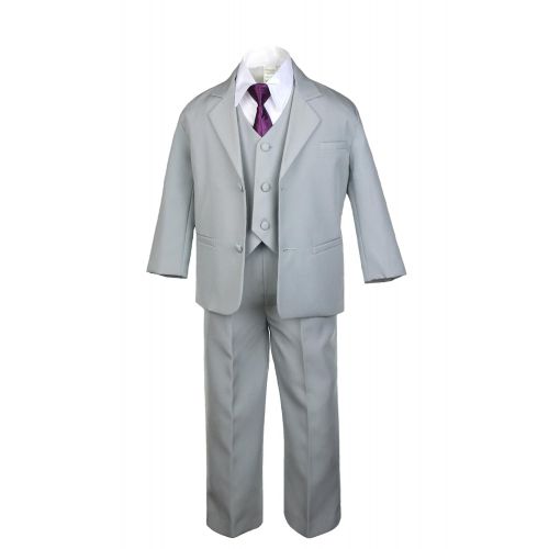  Unotux 6pc Boys Gray Vest Set Tuxedo Suits with Satin Eggplant Necktie Baby Teen