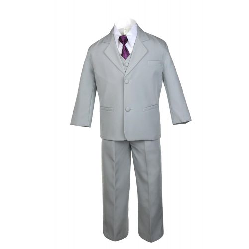  Unotux 6pc Boys Gray Vest Set Tuxedo Suits with Satin Eggplant Necktie Baby Teen