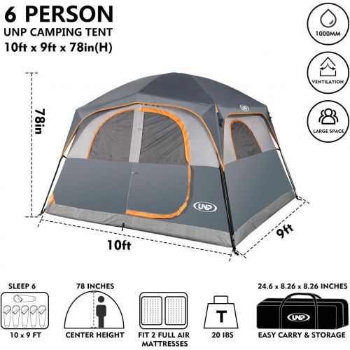  UNP Tents 6 Person Waterproof Windproof Easy Setup,Double Layer Family Camping Tent with 1 Mesh Door & 5 Large Mesh Windows 10X9X78in(H)
