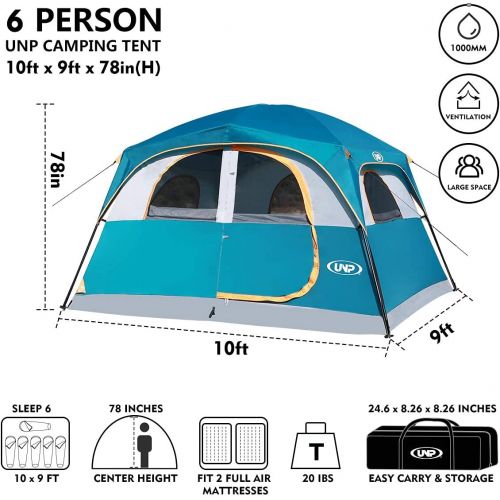  [아마존베스트]Unp-00 UNP Tents 6 Person Waterproof Windproof Easy Setup (3min),Double Layer Family Camping Tent with 1 Mesh Door & 5 Large Mesh Windows -10X9X78in(H)