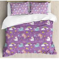 Uozzi Ambesonne Magic Duvet Cover Set, Unicorn and Rainbow Diamond Wand Pattern Nursery Baby Girl Creature Print, Decorative 3 Piece Bedding Set with 2 Pillow Shams, King Size, Violet