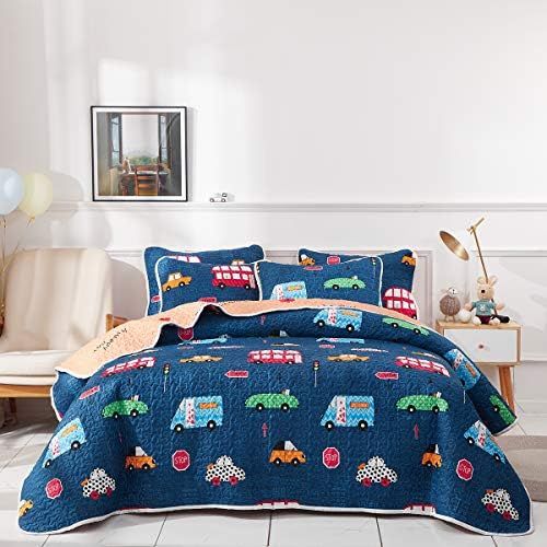  [아마존베스트]Uozzi Bedding 2 Piece Reversible Navy Quilt Set Twin Size 68x86 with Cars Bus Traffic Style Soft Microfiber Lightweight Coverlet Summer Bed Cover Set Blanket for Kids (1 Quilt + 1