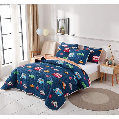  [아마존베스트]Uozzi Bedding 2 Piece Reversible Navy Quilt Set Twin Size 68x86 with Cars Bus Traffic Style Soft Microfiber Lightweight Coverlet Summer Bed Cover Set Blanket for Kids (1 Quilt + 1