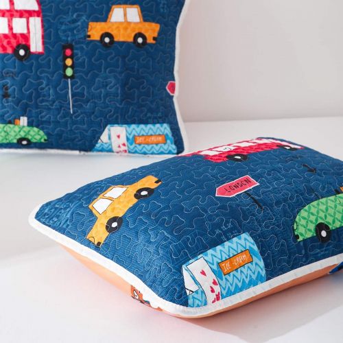  [아마존베스트]Uozzi Bedding 2 Piece Reversible Navy Quilt Set Twin Size 68x86 with Cars Bus Traffic Style Soft Microfiber Lightweight Coverlet Summer Bed Cover Set Blanket for Kids (1 Quilt + 1