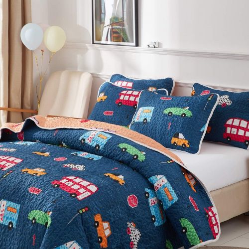  [아마존베스트]Uozzi Bedding 2 Piece Reversible Navy Quilt Set Twin Size 68x86 with Cars Bus Traffic Style Soft Microfiber Lightweight Coverlet Summer Bed Cover Set Blanket for Kids (1 Quilt + 1