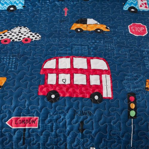  [아마존베스트]Uozzi Bedding 2 Piece Reversible Navy Quilt Set Twin Size 68x86 with Cars Bus Traffic Style Soft Microfiber Lightweight Coverlet Summer Bed Cover Set Blanket for Kids (1 Quilt + 1