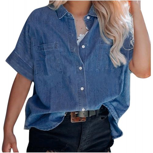  Uppada Womens Jean Button Up Shirt Summer Short Sleeve Loose Double Pockets Tops Fashion Lapel Denim Cardigan Blouses