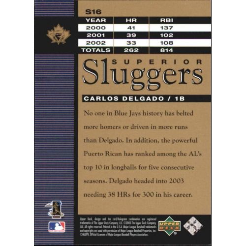  2003 Upper Deck Superior Sluggers #S16 Carlos Delgado - NM