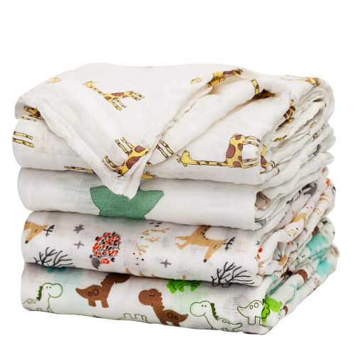  Baby Swaddle Blanket Upsimples Unisex Swaddle Wrap Soft Silky Bamboo Muslin Swaddle Blankets Neutral Receiving Blanket for Boys and Girls, 47 x 47 inches, Set of 4 - Fox/Elephant/G