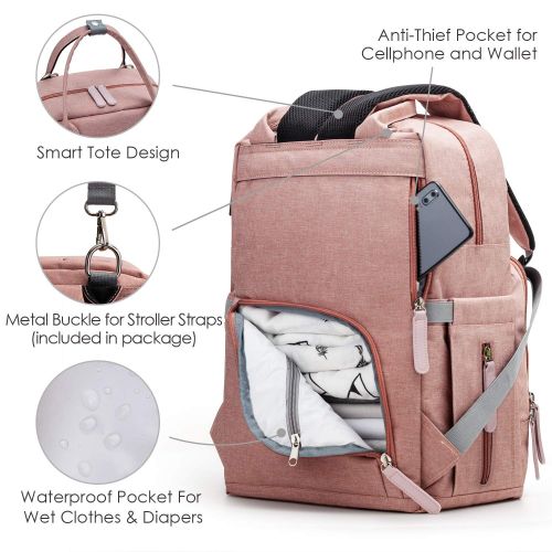  [아마존 핫딜]  [아마존핫딜]Diaper Bag Backpack Upsimples Multi-Function Maternity Nappy Bags for Mom, Travel Back Pack Baby Bag with Laptop Pocket,USB Charging Port,Stroller Straps -Pink