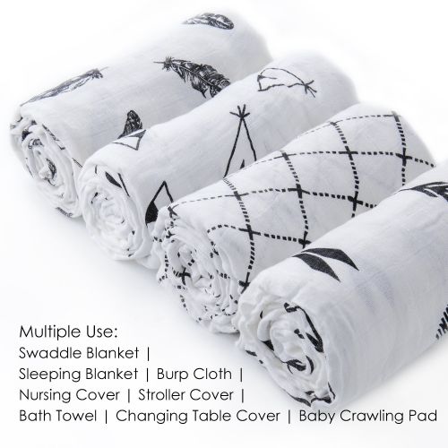  [아마존 핫딜]  [아마존핫딜]Baby Swaddle Blanket Upsimples Unisex Swaddle Wrap Soft Silky Bamboo Muslin Swaddle Blankets Neutral Receiving Blanket for Boys and Girls, Large 47 x 47 inches, Set of 4-Arrow/Feat