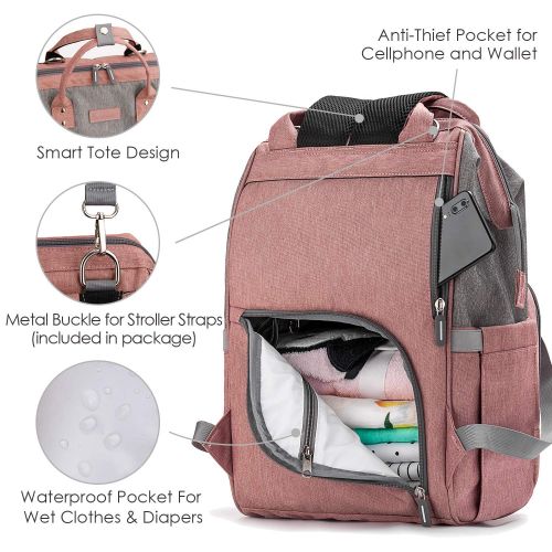  Diaper Bag Backpack Nappy Bag Upsimples Baby Bags for Mom Maternity Diaper Bag with USB Charging Port Stroller Straps Thermal Pockets,Water Resistant,Pink&Gray