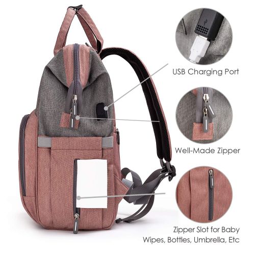  Diaper Bag Backpack Nappy Bag Upsimples Baby Bags for Mom Maternity Diaper Bag with USB Charging Port Stroller Straps Thermal Pockets,Water Resistant,Pink&Gray