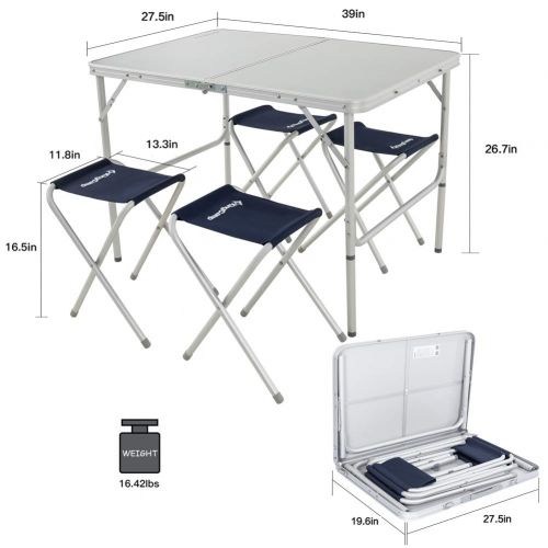  Uquip KingCamp Folding Camping Table Stool Suit, Adjustable Portable Lightweight Compact Picnic Table with 4 Fishing Stools,for Indoor or Outdoor Party & Activities, Aluminum