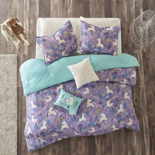  Urban 5 Piece Girls Light Purple Blue White Unicorn Dream Comforter Full Queen Set, Vibrant All Over Girly Magical Unicorns Theme Bedding, Bright Whimsical Multi Magic Creatures Themed P