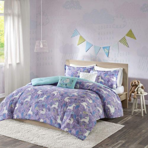  Urban 5 Piece Girls Light Purple Blue White Unicorn Dream Comforter Full Queen Set, Vibrant All Over Girly Magical Unicorns Theme Bedding, Bright Whimsical Multi Magic Creatures Themed P